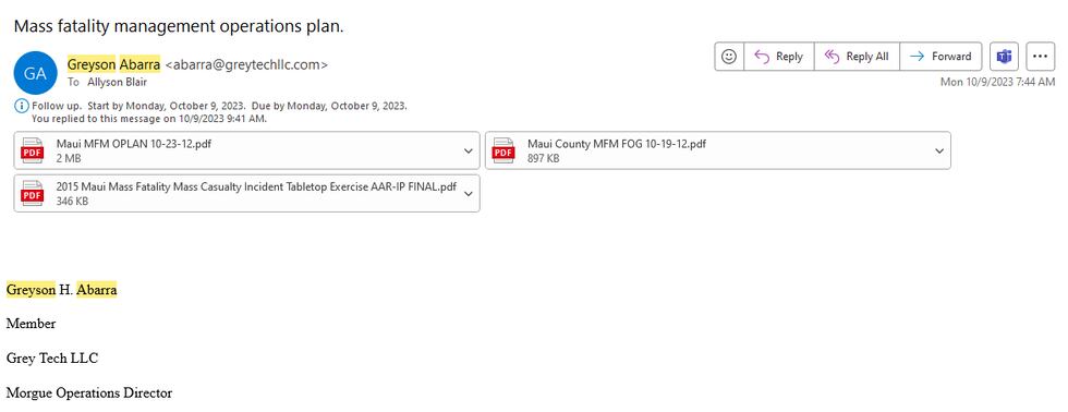 On Oct. 9, 2023, Abarra sent an email and attachments with the subject line: Mass fatality...