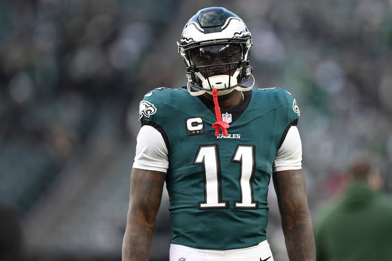 Philadelphia Eagles wide receiver A.J. Brown (11) looks on during pre-game warm-ups before an...