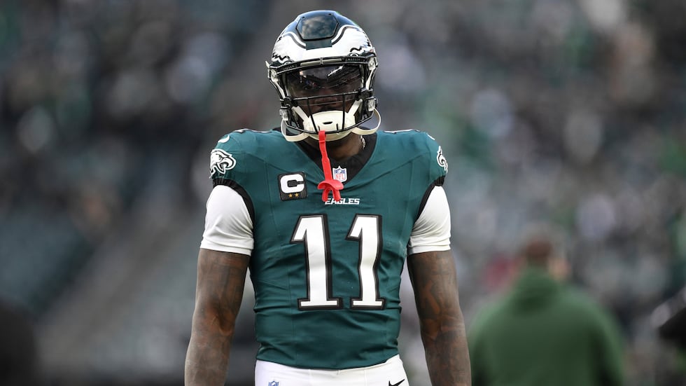 Philadelphia Eagles wide receiver A.J. Brown (11) looks on during pre-game warm-ups before an...
